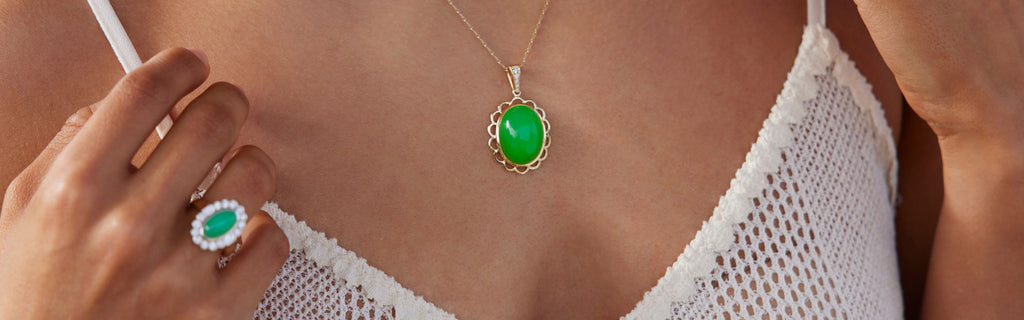 Woman wearing a jade necklace and ring