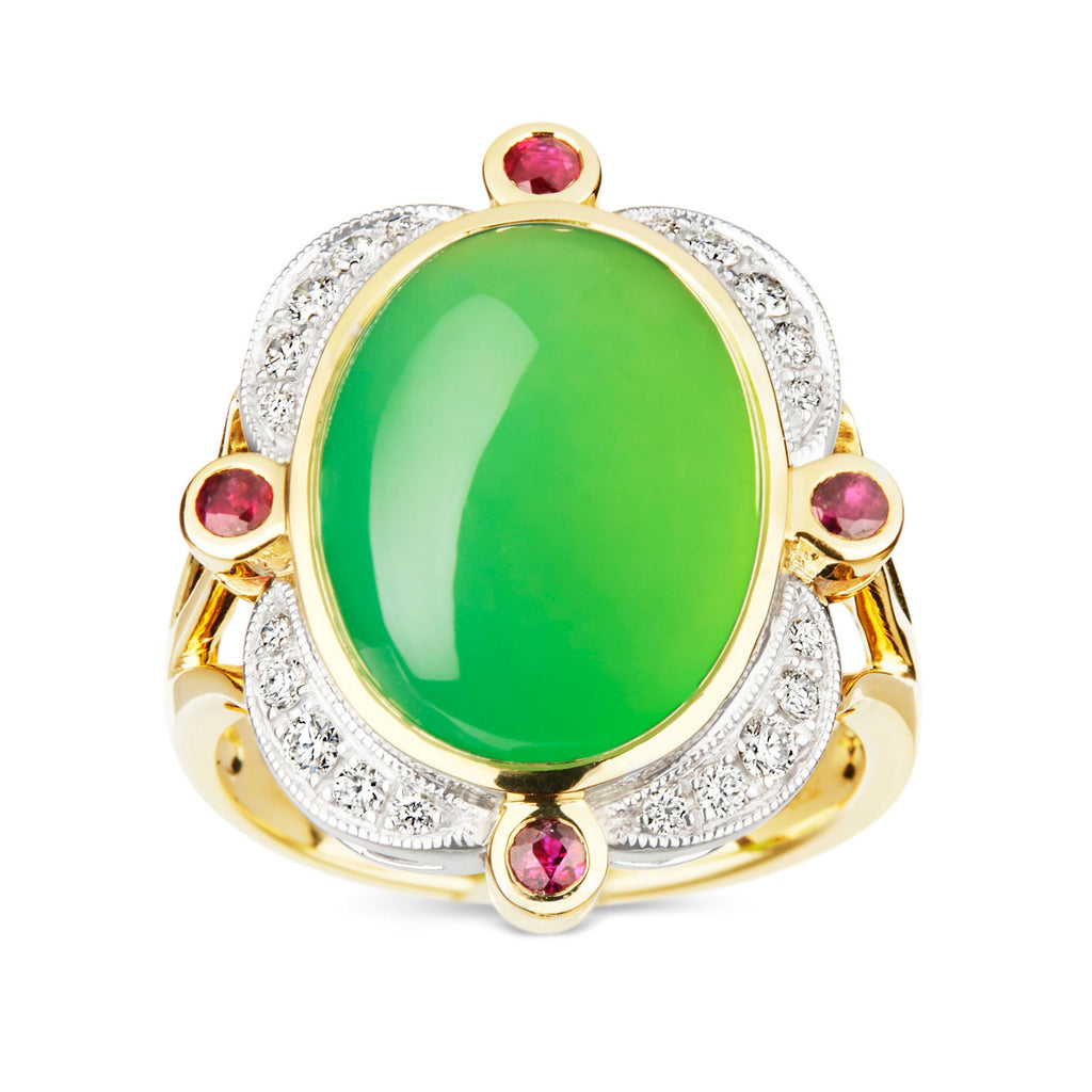 Yerilla® Australian Jade (chrysoprase), ruby and diamond ring in 18ct yellow & white gold