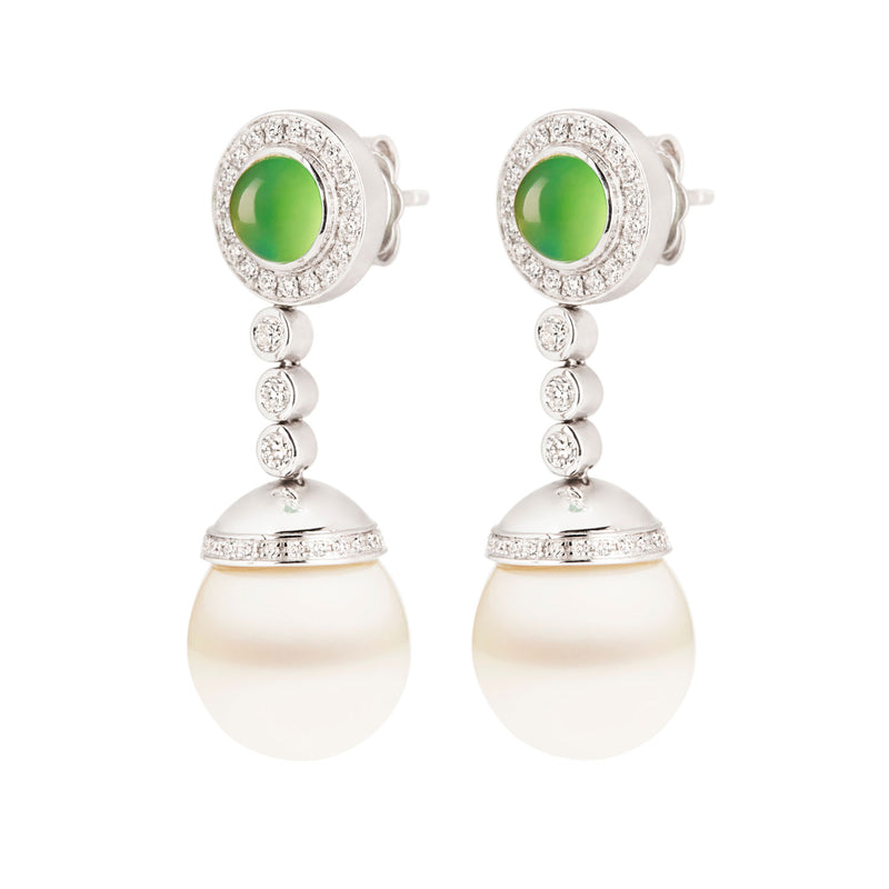 Yerilla Australian jade (chrysoprase), diamond and pearl earrings in 18ct white gold